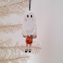 Load image into Gallery viewer, A vintage style, spun cotton ghost girl ornament hanging on a tree. Pic 3 of 8. 
