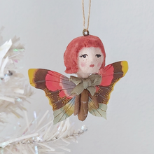 Load image into Gallery viewer, Vintage style spun cotton ginger butterfly girl, hanging on white tree against a white background. Pic 1 of 7. 
