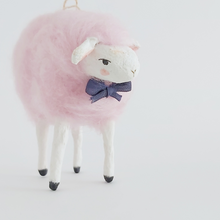 Load image into Gallery viewer, A close up of the face of a needle felted cotton candy pink sheep ornament. Pic 4 of 8. 

