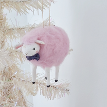 Load image into Gallery viewer, A cotton candy pink needle felted sheep ornament, hanging from a white tree. Pic 3 of 8. 
