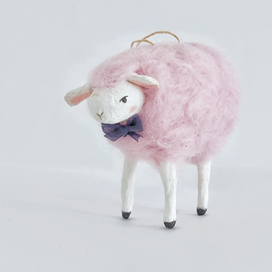 A cotton candy pink needle felted sheep ornament, standing against a white background. Pic 1 of 8. 