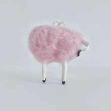 Load image into Gallery viewer, A side view of a needle felted cotton candy pink sheep ornament. Pic 5 of 8. 
