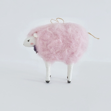 Load image into Gallery viewer, Opposite side view of a needle felted cotton candy pink sheep ornament. Pic 7 of 8.
