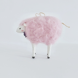 Opposite side view of a needle felted cotton candy pink sheep ornament. Pic 7 of 8.