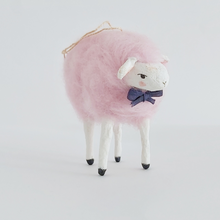 Load image into Gallery viewer, Another front view of a needle felted cotton candy pink sheep ornament. Pic 6 of 8. 
