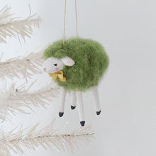 Load image into Gallery viewer, Vintage style needle felted green sheep ornament, hanging from a white tree. Pic 3 of 7. 
