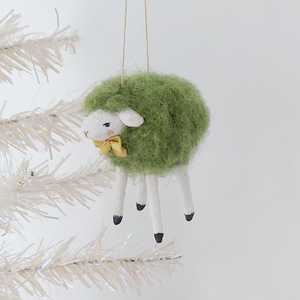 Vintage style needle felted green sheep ornament, hanging from a white tree. Pic 3 of 7. 