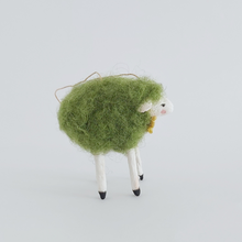Load image into Gallery viewer, A side view of the green needle felted sheep ornament, against a white background. Pic 6 of 7. 
