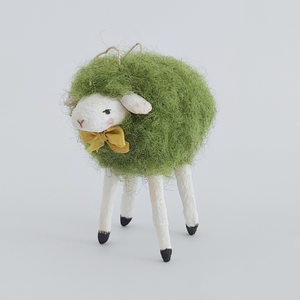 Another frontal view of the needle felted green sheep, against a white background. Pic 5 of 7. 