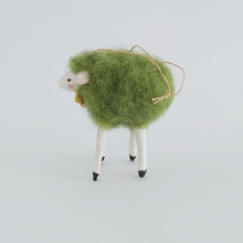 Load image into Gallery viewer, Opposite side view of the green needle felted sheep ornament, against a white background. Pic 7 of 7. 
