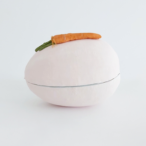 A side view of a vintage style, light pink paper mache egg box. A spun cotton carrot adorns the top. Pic 10 of 12. 