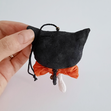 Load image into Gallery viewer, A back view of a vintage style, spun cotton black cat ornament. Pic 5 of 6. 
