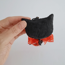 Load image into Gallery viewer, The back view of a vintage style, spun cotton black cat ornament. Pic 6 of 7. 
