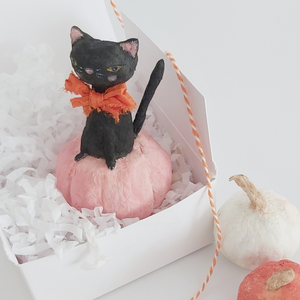 A vintage style spun cotton black cat in a pink pumpkin, sitting in a white gift box on white tissue shredding. Spun cotton white and orange pumpkins sit in front of the box. Pic 5 of 7. 