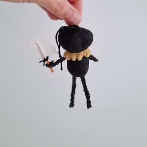 The back view of a vintage style, spun cotton black pumpkin man ornament. Pic 6 of 7. 