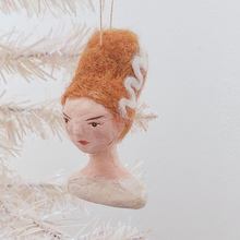 Cargar imagen en el visor de la galería, A vintage style spun cotton Bride of Frankenstein ornament hanging on a tree , against a white background. Pic 2 of 8. 
