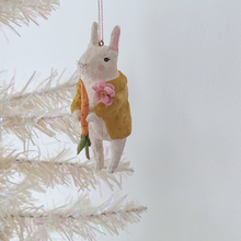 Load image into Gallery viewer, A vintage style, spun cotton bunny ornament hanging on a white tree. Pic 3 of 12. 
