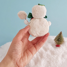 Cargar imagen en el visor de la galería, A back view of a vintage style spun cotton candy man Christmas ornament, held against a light blue background over fake snow. Pic 8 of 8. 
