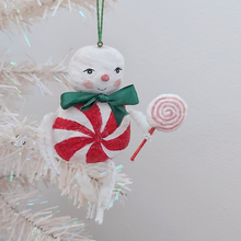 Cargar imagen en el visor de la galería, A vintage style spun cotton candy man Christmas ornament hanging from a white tree. Pic 4 of 8. 
