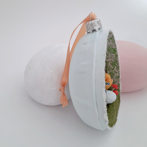 A side view of  a vintage style, spun cotton chicks diorama. Pic 6 of 7. 
