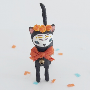 A close, front view of the spun cotton Day of the Dead black cat. Pic 2 of 9. 