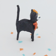 Cargar imagen en el visor de la galería, Another side view of a vintage style spun cotton Day of the Dead black cat, against a white background. Pic 8 of 9. 
