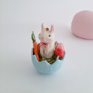 Another close view of a vintage style, spun cotton Easter bunny ornament. Pic 8 of 8. 