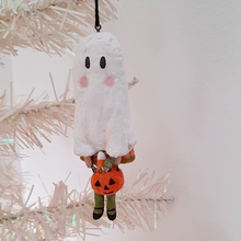 Load image into Gallery viewer, A vintage style, spun cotton ghost girl ornament hanging from a tree. Pic 3 of 8. 
