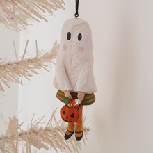 Load image into Gallery viewer, A vintage style, spun cotton ghost girl ornament hanging from a tree. Pic 4 of 7. 
