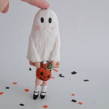 Load image into Gallery viewer, A vintage style, spun cotton ghost girl ornament on Halloween confetti against a white background. Pic 1 of 8. 
