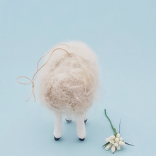 Load image into Gallery viewer, Back view of a vintage style, spun cotton needle felted sheep against a light blue background. Pic 6 of 7. 
