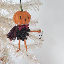 Load image into Gallery viewer, A vintage style spun cotton pinecone pumpkin man hanging in tree against a white background. Pic 3 of 8. 
