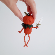 Load image into Gallery viewer, A back view of a vintage style, spun cotton pumpkin man ornament. Pic 6 of 8. 
