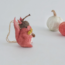 Load image into Gallery viewer, A side view of a vintage style spun cotton red squirrel ornament, next to spun cotton pumpkins on a white background. Pic 6 of 9. 
