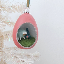 Load image into Gallery viewer, A vintage style spun cotton sheep diorama ornament hanging from a white tree. Pic 2 of 6. 
