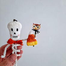 Load image into Gallery viewer, A close-up of a vintage style, spun cotton pipe cleaner skeleton against a white background. Pic 2 of 4. 
