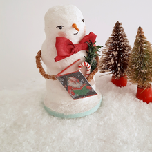 Load image into Gallery viewer, Another view of a vintage style, spun cotton snowman standing next to two vintage bottlebrush trees. Pic 6 of 6.
