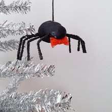 Load image into Gallery viewer, A vintage style, spun cotton spider ornament hanging on a silver tree. Pic 5 of 8. 
