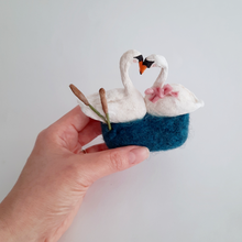 Load image into Gallery viewer, A vintage style spun cotton swan sculpture held in a hand against a white background. Pic 2 of 5. 


