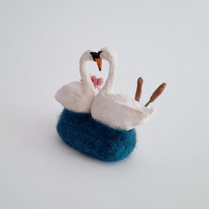 The back view of a vintage style, spun cotton swan sculpture against a white background. Pic 4 of 5. 
