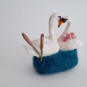 A closer view of vintage style spun cotton swans against a white background. Pic 3 of 5. 