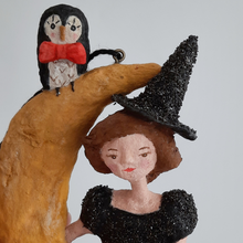 Cargar imagen en el visor de la galería, A close-up of a vintage style, spun cotton owl and witch sitting on a moon. Pic 3 of 8. 
