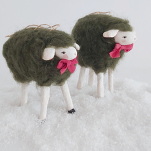 Load image into Gallery viewer, Another close photo of two vintage style woolly spun cotton green sheep ornaments, against a white background. Pic 5 of 7. 
