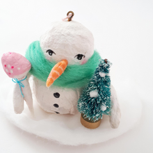 Load image into Gallery viewer, Close up of spun cotton snowman ornament. Photo 4
