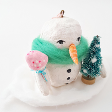 Load image into Gallery viewer, Another close up of spun cotton snowman ornament. Photo 5
