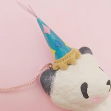 Load image into Gallery viewer, Close up photo of spun cotton panda&#39;s colourful paper hat with silver tinsil. Photo 3
