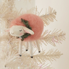 Load image into Gallery viewer, pink felted and spun cotton sheep, dangling on Christmas tree. pic 6 of 7
