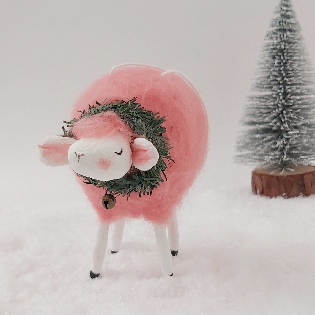 Pink needle felted and spun cotton sheep ornament. Pic 1 of 6.