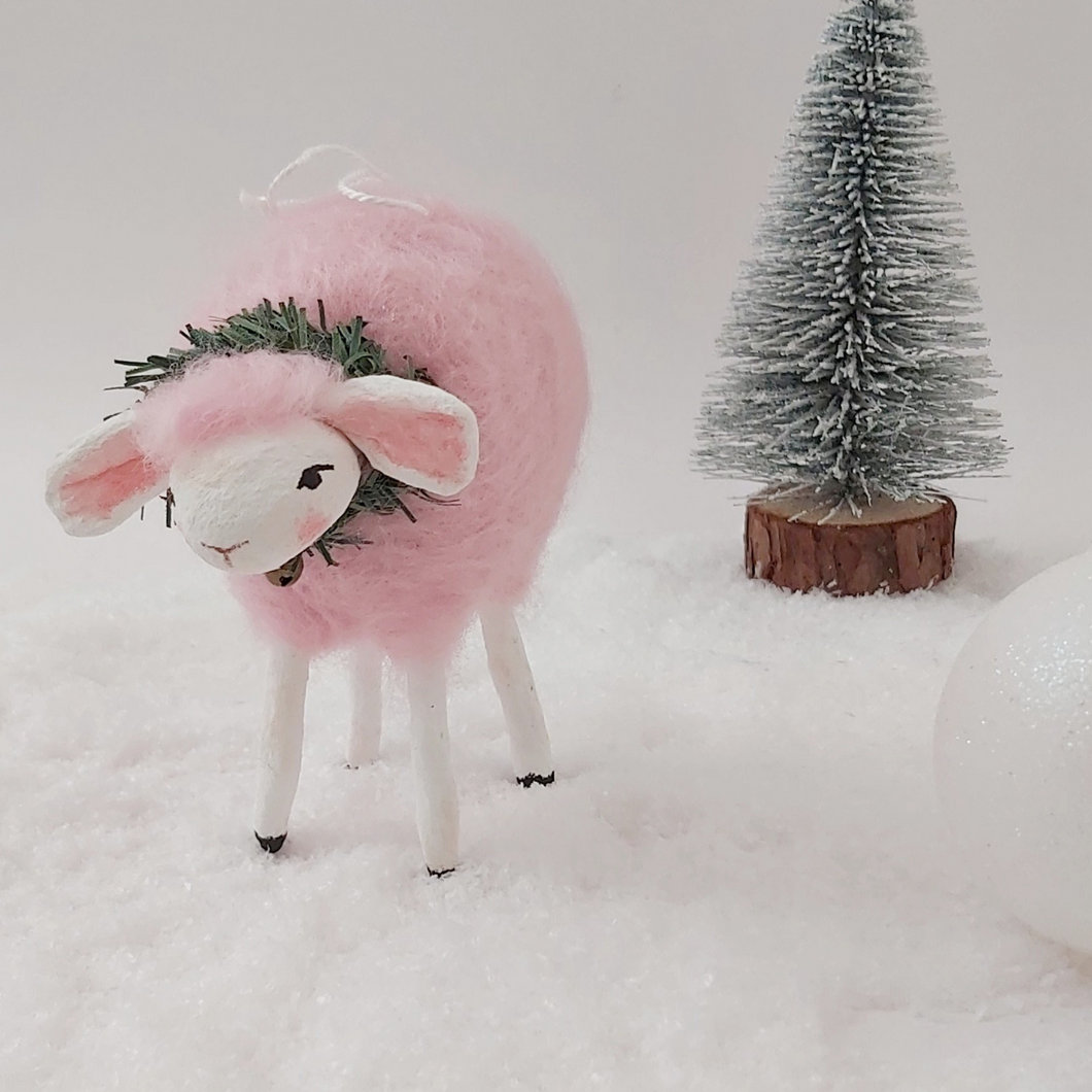 Pink needle felted and spun cotton sheep ornament. Pic 1 of 6.