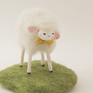 Needle felted white sheep standing on green felted grass.  Pic 1 of 5.